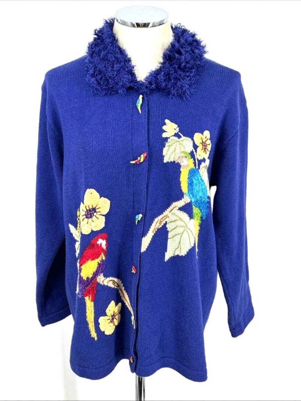 Storybook Knits Sweater Sz L Colorful Parrot Embroidery Buttons Jimmy Buffett